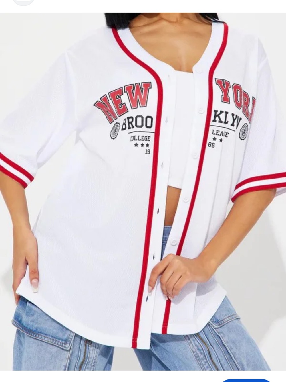 Retro Fox White & Red Baseball-Style Button-Up Top New York Brooklyn Medium